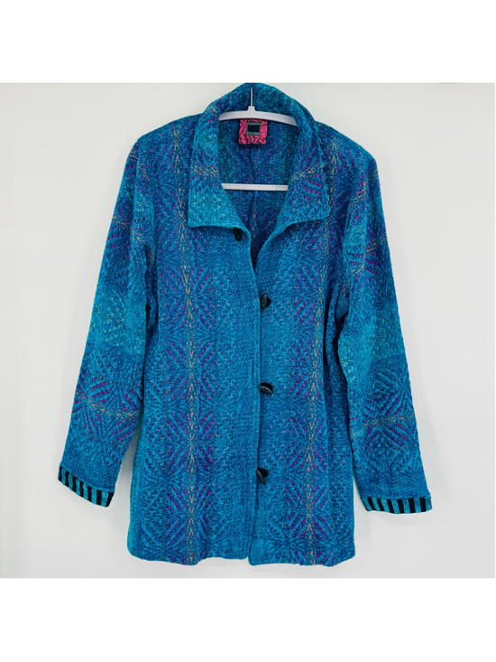 Patricia Palson Jackets & Blazers - Patricia Palson Hand-Woven Toggle Jacket Blue Wearable Art Fiber Artist
